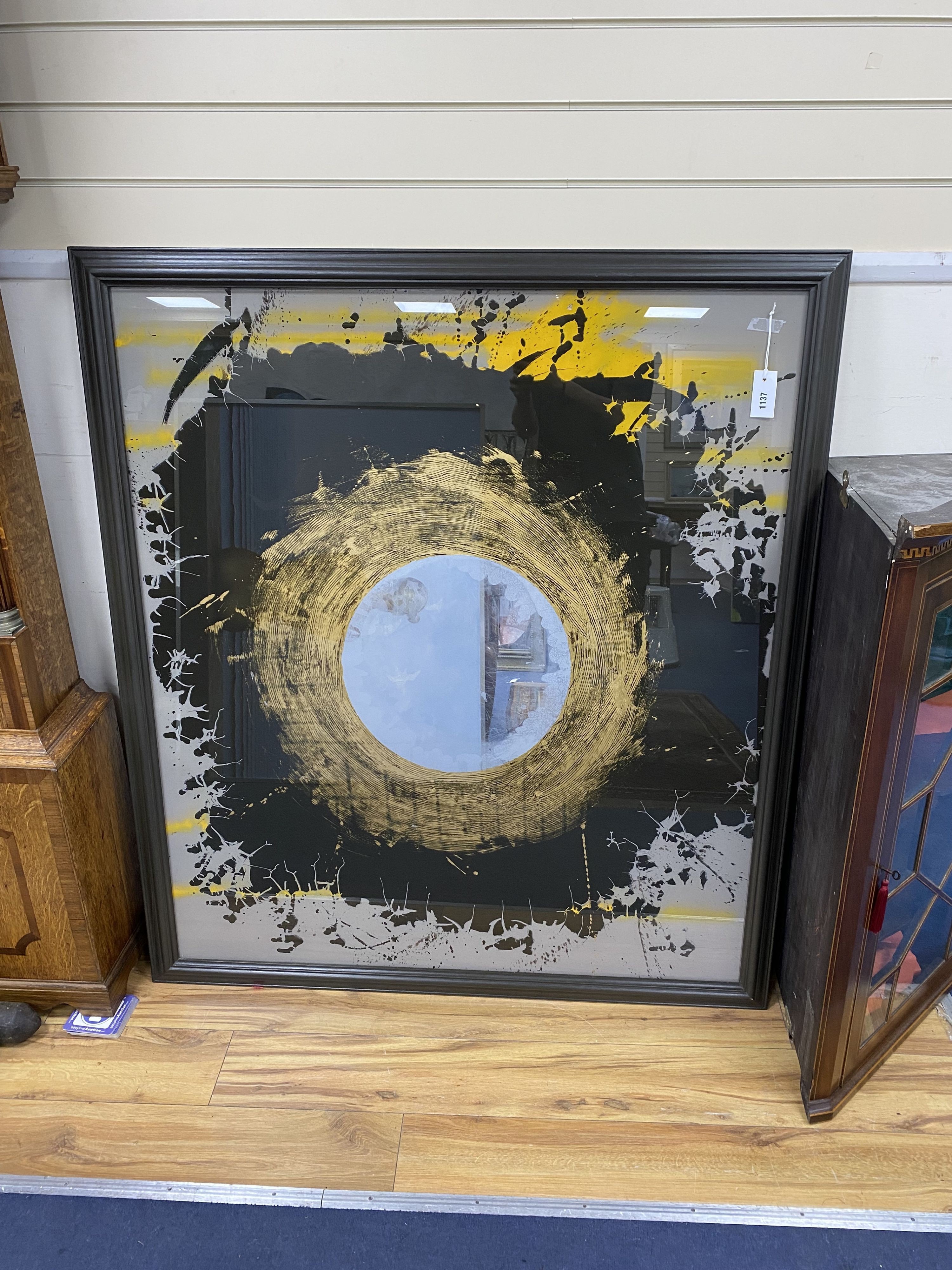 A large contemporary artwork on glass, with abstract pattern and centre mirror in frame, unsigned width 118cm, height 135cm